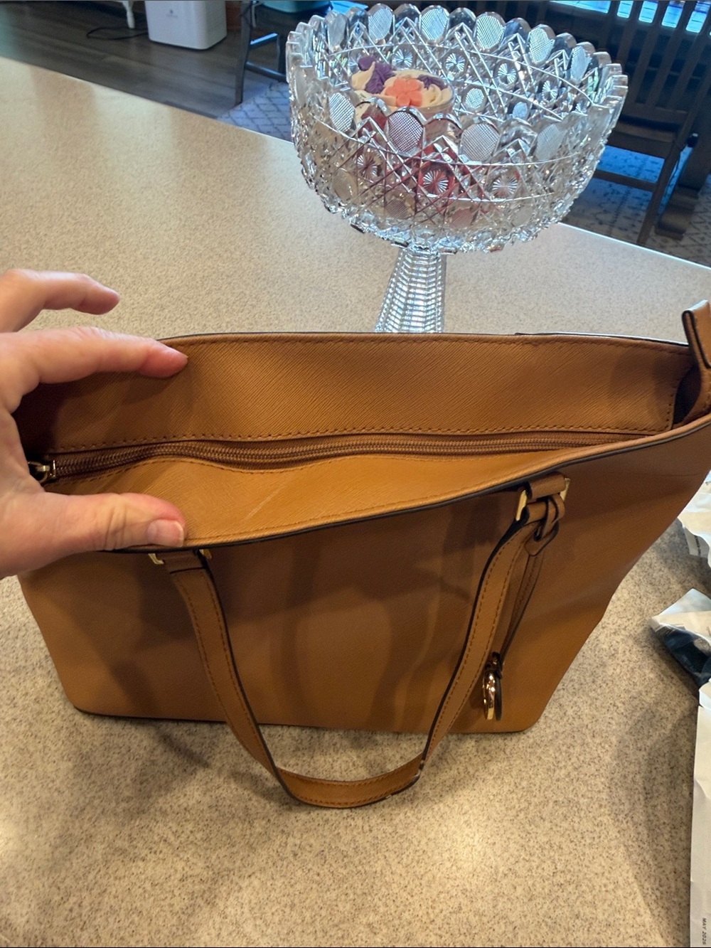 Michael Kors Tan Saffiano Leather Structured Tote with MK Charm - Picture 15 of 15